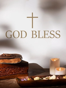 Detail view of God Bless wall sticker with cross symbol near candles and wooden box