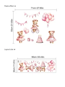 Detailed size chart showing paste effect and layout dimensions for bear wall stickers
