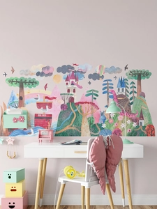 Détail d'autocollants muraux château aquarelle et montgolfière dans une chambre d'enfant