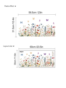 Détail des stickers muraux fleurs sauvages avec dimensions de mise en page et rendu