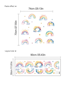 Detailed wall sticker layout size 90x30cm and pasted effect 74x70cm with rainbow clouds