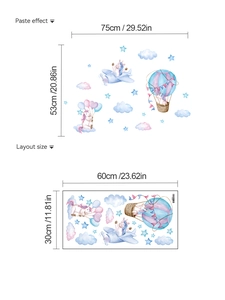 Detail view of unicorn and hot air balloon wall decals showing layout and paste dimensions