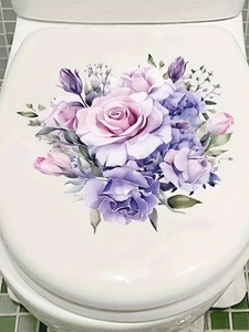 Close-up of elegant watercolor purple rose floral PVC stickers on white toilet lid