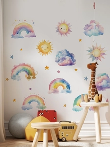 Detailed watercolor texture of rainbow and sun wall stickers in a cozy nursery setting