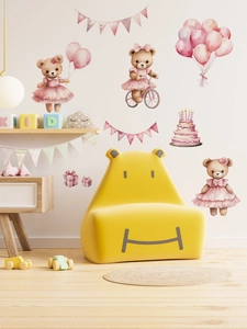 Detail of watercolor bear and pink balloons wall stickers in a cozy nursery scene