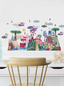 Détail d'autocollants muraux aquarelle avec château rose et bateau rouge pour enfants