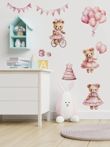Detailed watercolor teddy bear and pink balloon wall stickers for children nursery decor