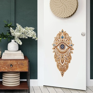 Sticker mural mandala œil protecteur pour décoration de porte en tons marron et bleu