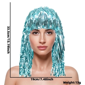 Blue metallic tinsel wig for Independence Day party costume decoration with size markers