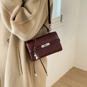 Deep wine red PU leather shoulder bag with silver turn-lock and adjustable strap