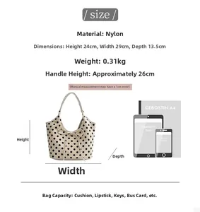 Detailed size guide for polka dot nylon tote bag with bow, showing dimensions and capacity