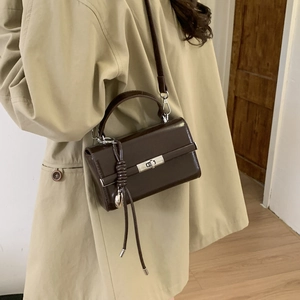 Deep brown lychee texture PU crossbody bag with silver twist lock shown on a model