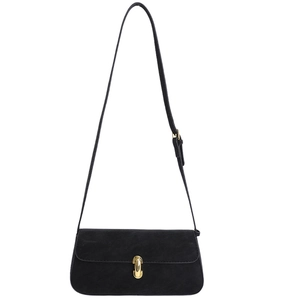 Sac à bandoulière minimaliste en faux suède noir avec une boucle en fer à cheval dorée