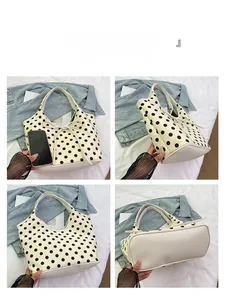 Multi-angle views of large white nylon tote bag with black polka dots and bow detail