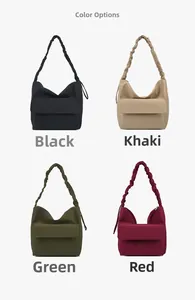 Collection of nylon shoulder bags in black, khaki, green and red with ruched straps