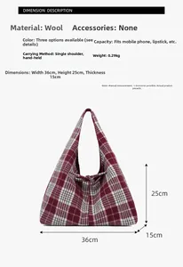 Detail showing red plaid tweed tote bag dimensions with bow accent and measurements