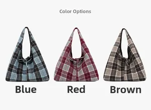 Detailed comparison of vintage plaid tote bags in blue, red, and brown woven fabrics