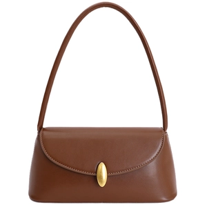 Classic brown rectangular shoulder bag with elegant gold clasp and curved flap cover
