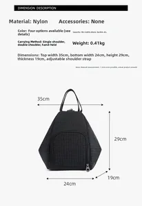 Detailed view of black nylon dumpling bag with dimensions, weight and multi-way straps