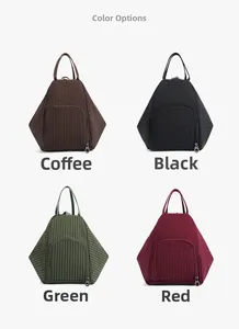 Detail view of large capacity checkerboard hobo bags in coffee, black, green and red colors