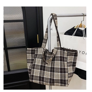 Sac cabas à carreaux marron style britannique avec doubles anses et grande capacité