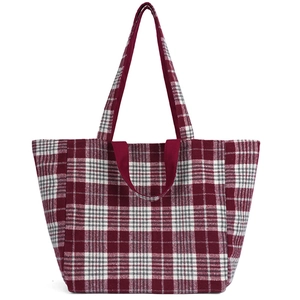 Sac cabas en tweed à carreaux rouge et gris style britannique de grande capacité pour femme