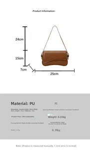 Detailed technical drawing of a brown PU leather shoulder bag with size measurements