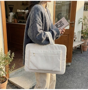 Detail of white corduroy laptop bag featuring vertical texture and golden zipper pocket