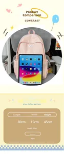 Pink nylon backpack size chart showing dimensions 30x15x45cm and 0.4kg weight specs