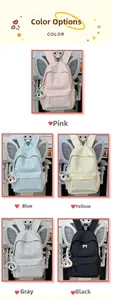 Detail showing five color options of bowknot print backpacks with plush dog charms