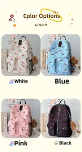 Détail de sacs à dos élégants en blanc, bleu, rose et noir avec motifs de nœuds mignons