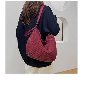 Burgundy checkered hobo shoulder bag shown on model for daily casual large capacity look