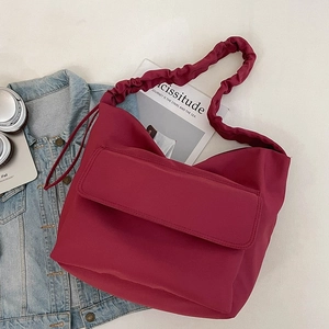Chic burgundy nylon shoulder bag with ruched strap and front flap pocket for women