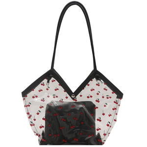 Borsa tote trasparente in PVC con stampa ciliegie, finiture nere e bustina interna