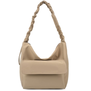 Minimalist khaki nylon shoulder bag with pleated cloud strap and front flap pocket