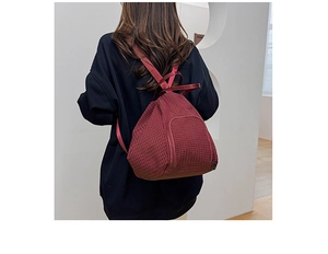 Rear view of a model wearing the red checkered hobo bag in a modern indoor setting