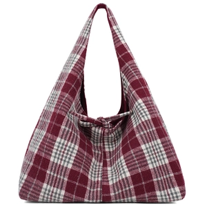 Retro red and white plaid pattern oversized tote bag with decorative knot for autumn
