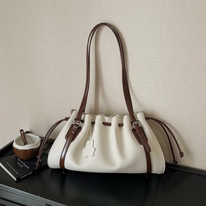 Women Retro Pleated Tote Bag Litchi Texture PU Leather Shoulder Bag With Drawstring Magnetic Buckle Daily Underarm Bag