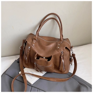 2025 Winter large capacity PU leather crossbody tote bag in brown with multiple zip pockets