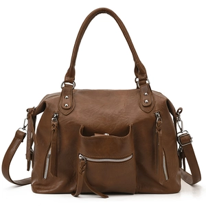 Brown vintage PU leather shoulder bag with tassels and silver metal zippers