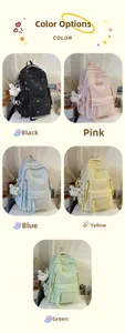 Detailed view of large capacity school backpacks in black, pink, blue, yellow, and green