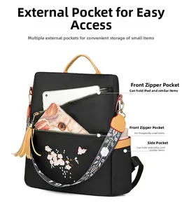 Détails du sac à dos en tissu Oxford avec broderie, poches latérales et capacité intérieure
