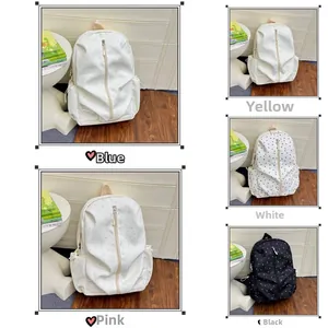 Collage of five colorful school backpacks with front zippers and minimalist Korean style