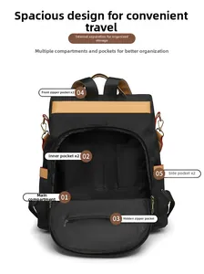 Vue détaillée du sac à dos en tissu Oxford montrant plusieurs compartiments de rangement