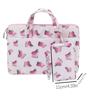 Detailed view of butterfly print laptop bag with small detachable accessory pouch
