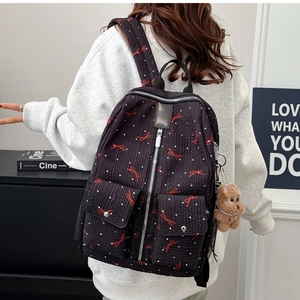 Sac à Dos Femme Mode Nœud Papillon Pois Style Preppy Coréen Sac d'École en Nylon Texturé Avec Pendentif Ours en Peluche Sac Voyage