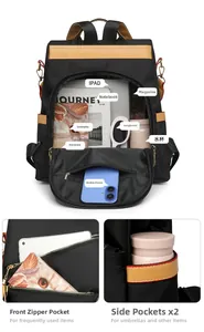 Détail de l'intérieur du sac à dos en nylon noir montrant la capacité pour tablette et objets