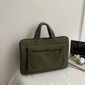 Olive green corduroy laptop bag for 14-inch laptops with double zippers and front pocket