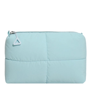 Light blue quilted puffer cosmetic bag with soft padding and triangle zipper puller