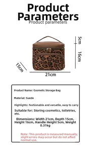 Macro view of leopard print suede cosmetic bag showing double zipper and dimensions